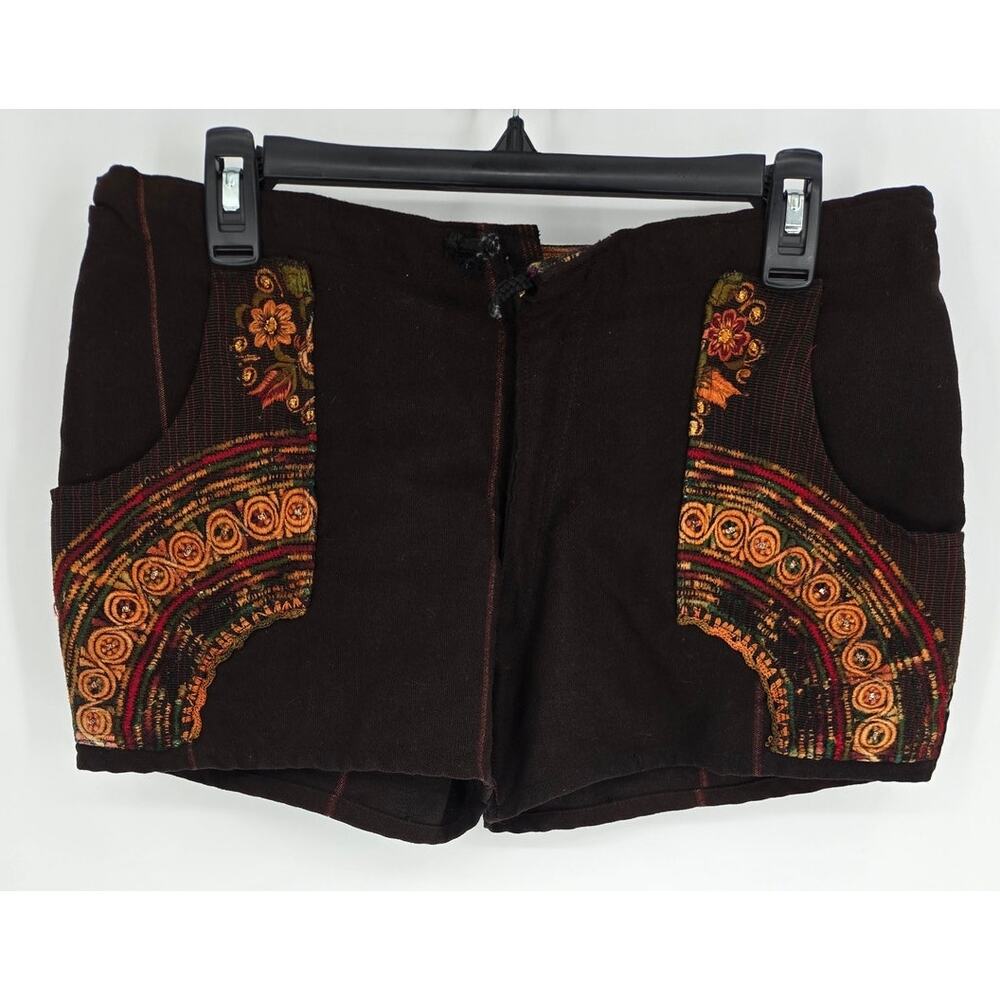 Brown Embroidered Boho Shorts w/ Pockets Shoestring Waist Women's M